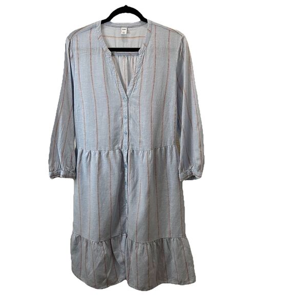 Old Navy Striped Light Blue Button Up Linen Blend Dress Coastal Beachy Womens L - Picture 1 of 11